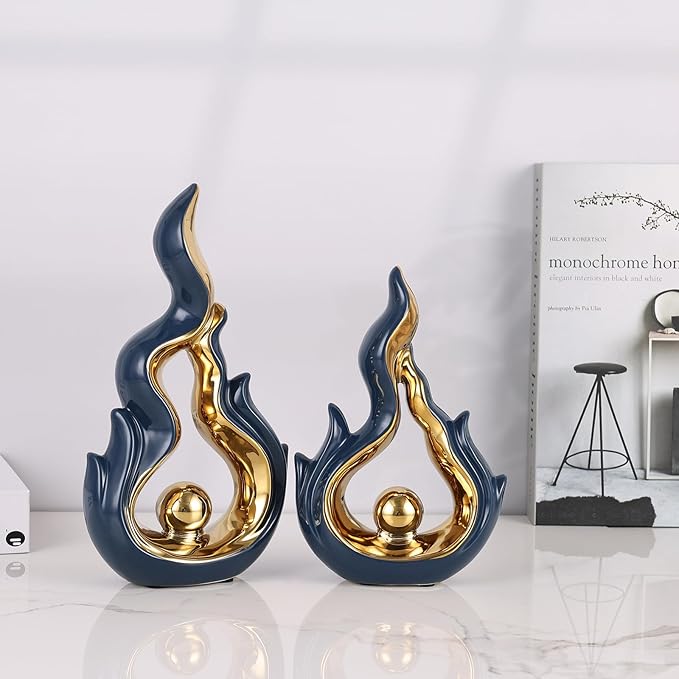 2 Pcs Navy Blue and Gold Ceramic Sculptures for Home Decor, Modern Abstract Art Statues, Centerpieces for Dining Room Table, Living Room, Shelf, Mantel, Coffee Table, Entryway Accent Decorations