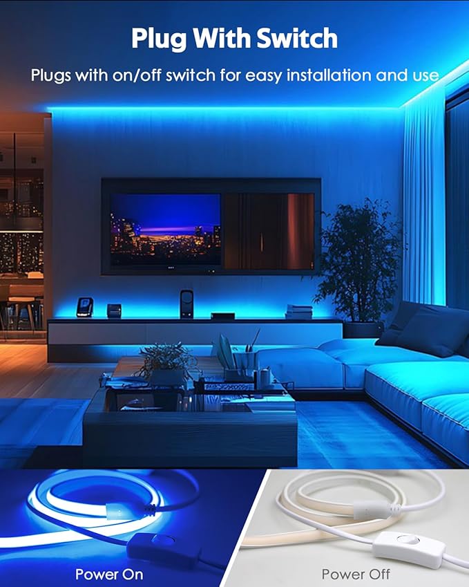 Blue COB LED Strip Lights 120V 16.4FT Led Rope Lights Outdoor Waterproof with Switch Plug in 288Leds/M High Density AC110V-120V LED Tape Lights for Bedroom Backyards Holiday Decor 5M