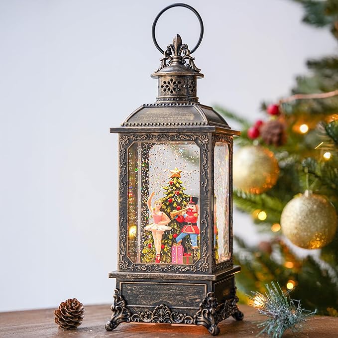 Christmas Snow Globe Nutcracker Lantern, Musical Lighted Nutcracker & Ballerina Water Lantern Swirling Glittering Home Decoration and Gift, Battery Operated or USB Powered