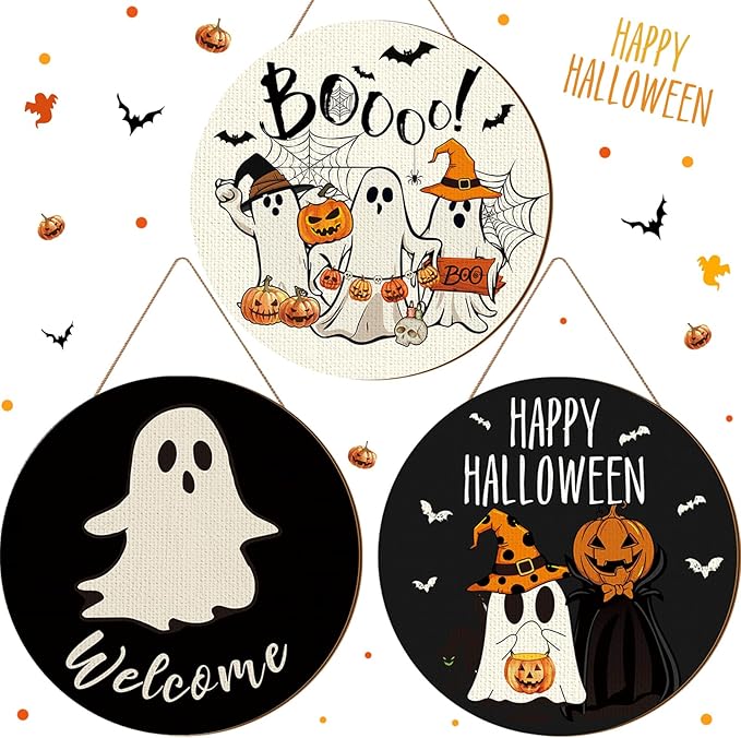 3 Pcs Happy Halloween Door Decorations Halloween Wreath Cute Ghost Pumpkin Front Door Decor Bat Hat Welcome Hanging Sign Wooden Front Hanger for Farmhouse Wall Indoor Home Decor