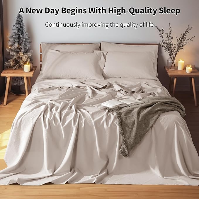 LBRO2M 100% Linen Sheet Set King Size, Bed Sheets 6 Piece Sets,Solid Color Natural Flax Bed Sheets Soft Breathable Bedding,16" Deep Pocket,All Season (King, Linen)