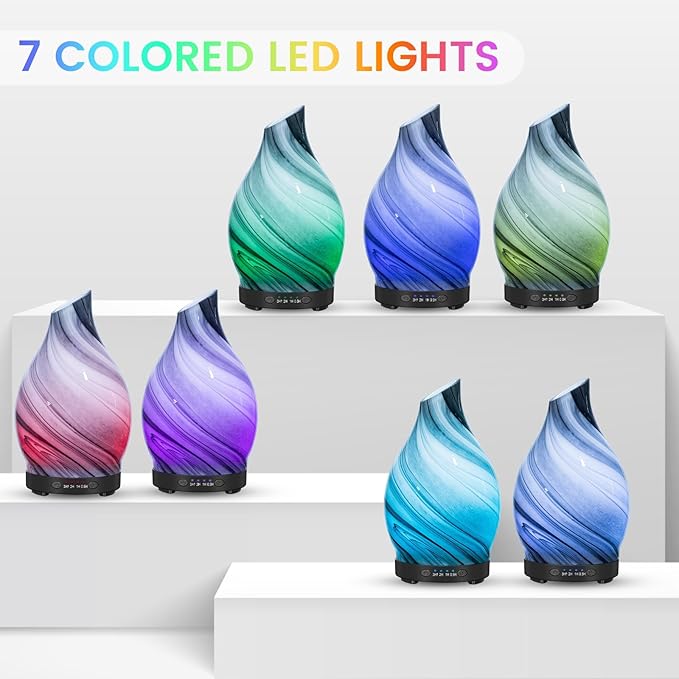 Essential Oil Diffuser, 120ML Glass Aromatherapy Diffuser with Auto Shut-Off and 7 Color LED Lights, Ultrasonic Mist Humidifier with 4 Timer for Home Office Bedroom (Gray Wave)