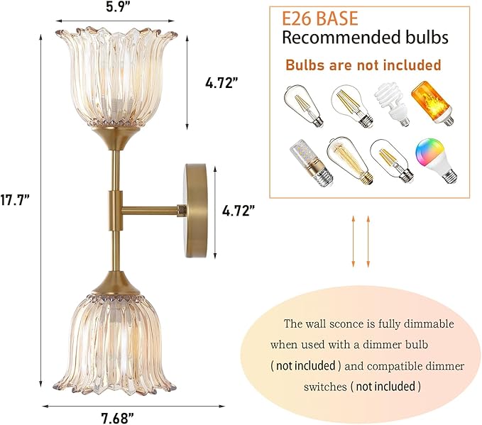 2-Lights Gold Wall Sconce with Amber Glass Shades Modern Mid Century Bathroom Vanity Wall Light Fixtures Industrial Brushed Brass Wall Lamp for Bedroom Mirror Living Room Restaurant