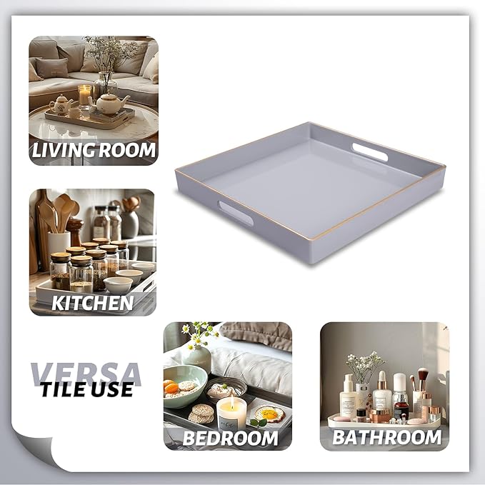 MAONAME Decorative Tray, Gray Serving Tray with Handles, Coffee Table Trays, Square Plastic Trays for Ottoman, Bathroom, Kitchen, 13"x13"x1.57"