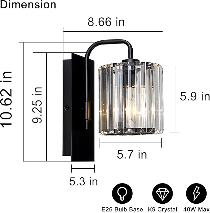 Grneric Crystal Wall Sconces,Black Sconce Wall Light Fixtures Modern Sconces Wall Lighting Single Indoor Wall Sconce for Living Room Bathroom Hallway Bedroom Stairway 10 Inch