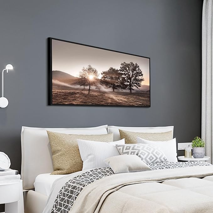 Sunset Landscape Framed Wall Art - Mountain Canvas Picture Forest Nature Artwork Wildness Tree Scenery Prints for Bedroom Living Room