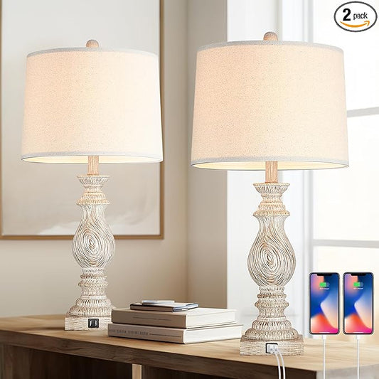 26.3” Rustic Table Lamps Set of 2 for Living Room Bedroom Beside Lamps with USB Charging Ports,Vintage Nightstand Lamp Farmhouse Dimmable End Table Resin Desk Lamp