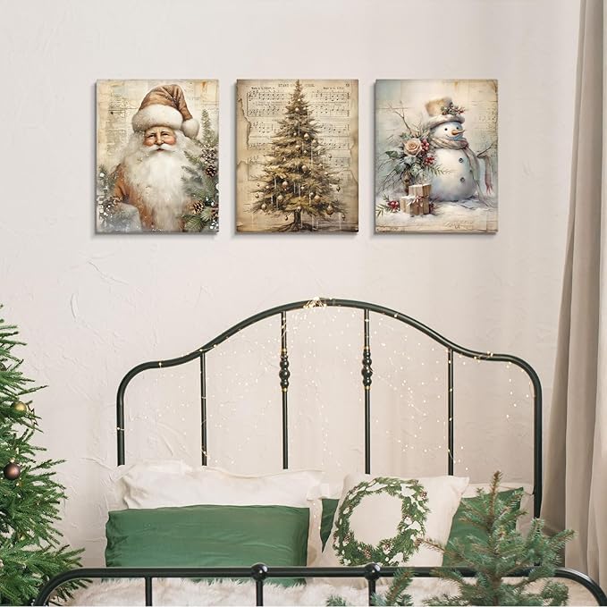 DSHFG Vintage Christmas Wall Art Decor, Retro Christmas Santa Trees Wall Decor Canvas Set of 3, Retro Christmas Decorations for Home Kitchen Bedroom Bathroom Living Room, 14x11 Inch Framed