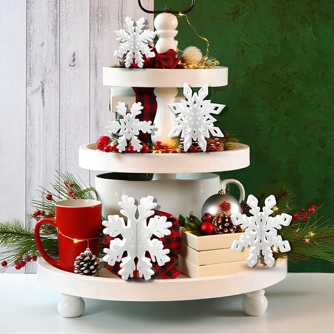 48 Pcs Wooden Snowflakes Table Decor 3D Snowflake Tabletop Signs Centerpiece for Christmas Xmas Winter Wonderland Decorations Home Party(White)