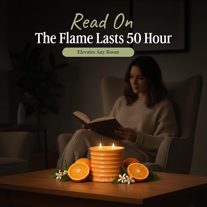 Scented Luxury Candles in Handmade Ceramic Jars, Soy Wax | Orange Blossom β Orange & Mimosa, Large Candle | Non Toxic, 2 Wicks, Reusable Big Orange Jar | Natural Spring Aromatherapy for Women & Men