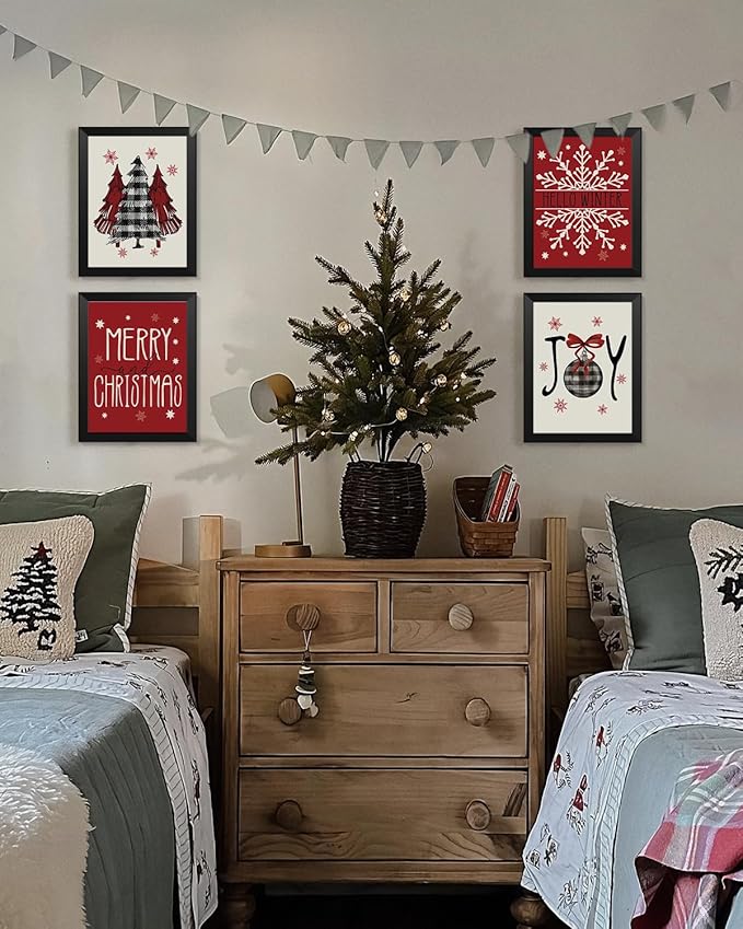 Wheatwin Christmas Wall Decor, Merry Christmas Wall Art Prints Set of 4, Winter Decor for Bathroom Farmhouse Living Room Bedroom Office, 8x10 (Unframed)