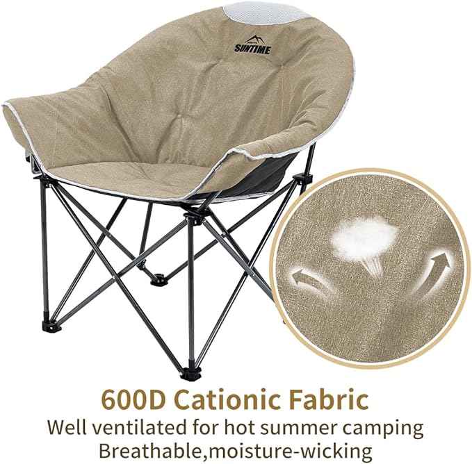 OUTDOOR LIVING SUNTIME Oversized Padded Camping Chair,Portable Comfy Outdoor Folding Moon Round Saucer Chairs for Adults with Holder and Carry Bag, Perfect for Hiking Lawn Patio Sports(Beige 2 Pack)