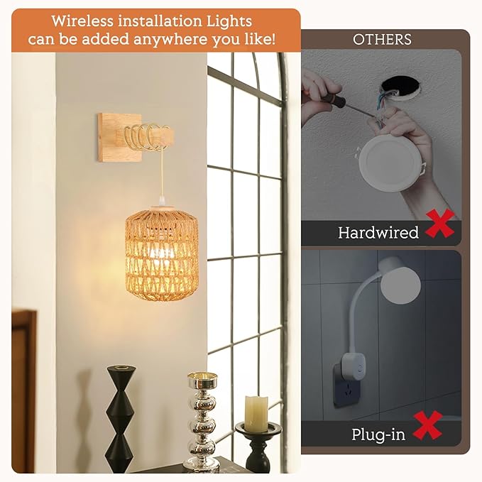 Rattan Wall Sconce Battery Operated Set of 2,Rechargeable Wall Light with Remote Control,Farmhouse Boho Wall Sconce Dimmable,Wireless Rustic Wall Lamp Indoor for Bedroom Living Room hallways foyer.