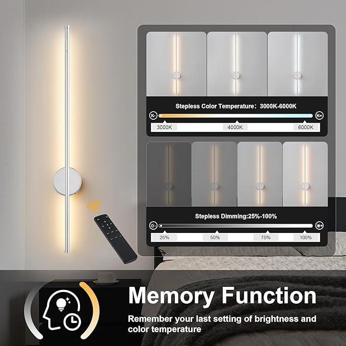 Battery Operated Modern Wall Sconces, Dimmable Wireless Wall Light Set of Two with Remote Control, 3 Color Temperatures, Rechargeable LED Wall Sconce for Bedroom, Living Room,Hallway, 27.6 Inch Chrome