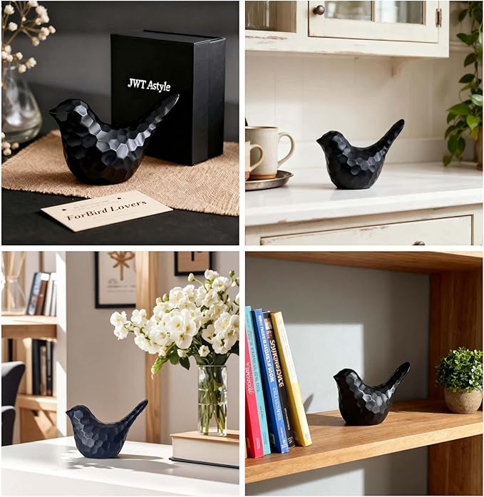 Carved Black Bird Figurines Living Room Office Shelf Home Decor Accents,Bird Gifts for Bird Lovers Women,Knick Knacks for Shelves Bookshelf