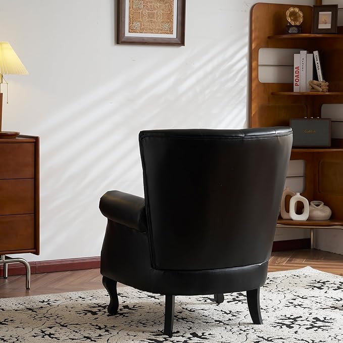Modern Faux Leather Accent Chair, Upholstered Mid-Century Armchair with Solid Wood Legs, Single Sofa Chair for Living Room, Bedroom, or Reading Room(Black)