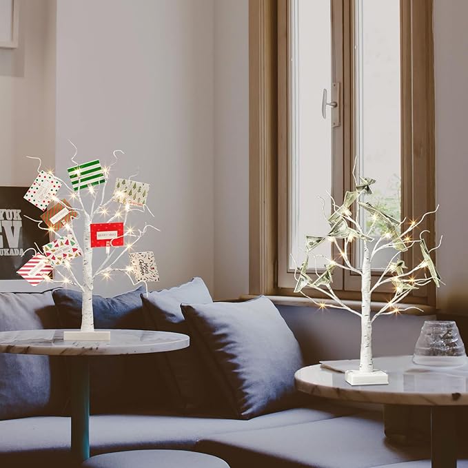 EAMBRITE Christmas Tree with Gift Cards, Money Tree Gift Holder, White Lighted Birch Tree Tabletop 2 FT 24 LED, Light Up Display Twig Gift Card Tree with 8 Clear Clips for Home Christmas Decorations