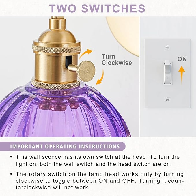 Wall Sconces Set of Two Hardwired, Vintage Sconce Light with Tulip Purple Glass Lampshade, Bathroom Wall Lights with Switch, Gold Wall Light Sconces Wall Decor Set of 2