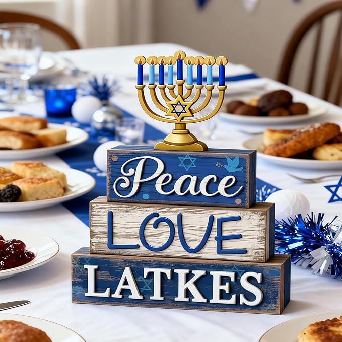 4 Pcs Hanukkah Decorations for Home Chanukah Table Decor Wooden Menorah Decoration Hanukkah Centerpiece Rustic Menorah Block Signs Jewish New Year Decoration for Home Tiered Tray Decor