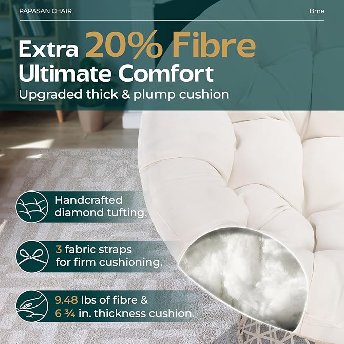 Bme 40" Ergonomic Wicker Papasan Chair with Soft Thick Density Fabric Cushion, High Capacity Steel Frame, 360 Degree Swivel for Living, Bedroom, Reading Room, Lounge