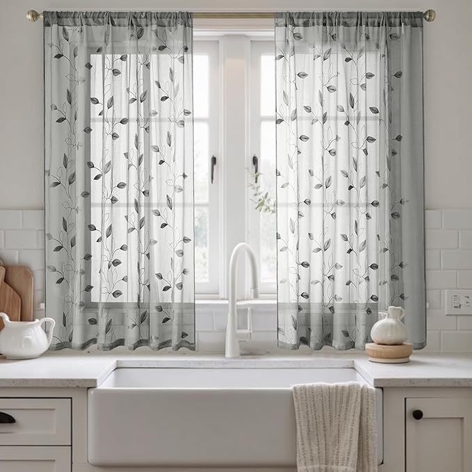 HOMEIDEAS Grey/Gray Sheer Kitchen Curtains 52 x 45 Inch Length 2 Panels Embroidered Leaf Pattern Short Curtains for Bedroom Half Small Window Rod Pocket Tiers