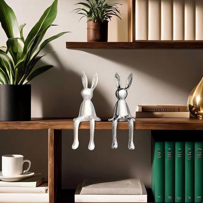 2-Piece Rabbit Decor Sculptures - Home, Office, Living Room, Bedroom - Accents, Decorations, Figurines - Small Statues for Bookshelf, Desk - Ideal Gifts (Silver, White)