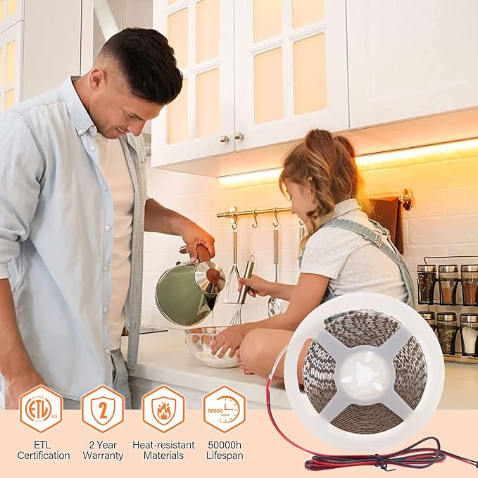 VST LED Strip Lights Warm White 120LEDs/m 1000Lm/M 9.6W/M CRI 90+ LED Tape Light 12V 2835 Cuttable Connectable Dimmable LED Strips for Indoor Under Cabinet, No Driver (3000k-8.2ft, White)