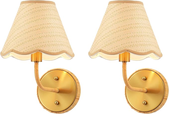 Elycucpa Boho Hand Woven Rattan Wall Sconces Set of Two Rustic Industrial Wall Lamp Brass Farmhouse Wall Lights for Bedroom Living Room Hallway Vanity, Dia 11”, UL Listed