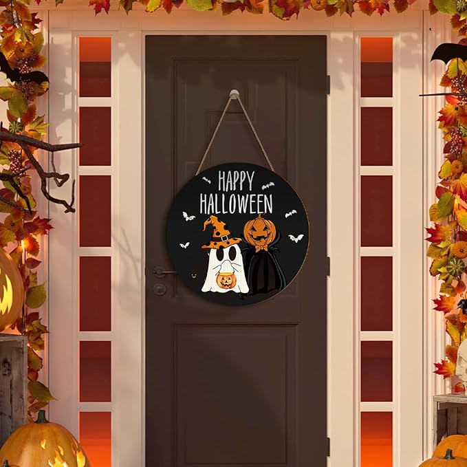 3 Pcs Happy Halloween Door Decorations Halloween Wreath Cute Ghost Pumpkin Front Door Decor Bat Hat Welcome Hanging Sign Wooden Front Hanger for Farmhouse Wall Indoor Home Decor