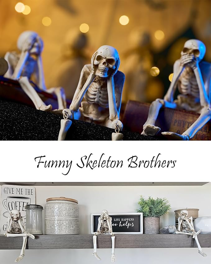 Halloween Decorations Indoor Skeleton Statues See Speak Hear No Evil Figurines for Mantel Table - Realistic Resin Skull Spooky Gothic Home Decor Set of 3