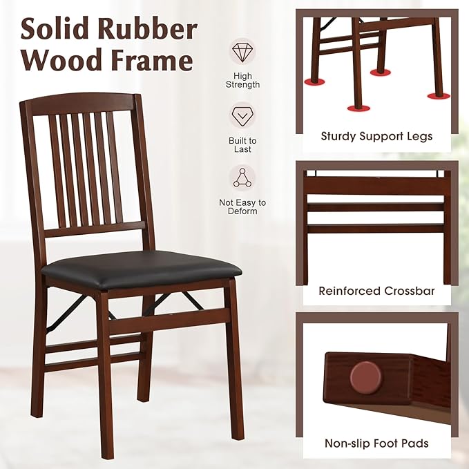 COSTWAY Folding Dining Chairs Set of 2, Wooden Kitchen Side Chairs w/Padded Seat, Solid Wood Frame, 400 LBS Load Bearing, No Assembly Needed, Vintage Foldable Chairs for Dining Room, Living Room