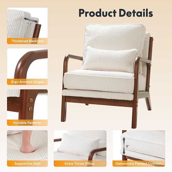 FLEXISPOT AC1 Mid Century Modern Accent Chair with Wood Frame, Corduroy Upholstered Armchair with Thickened Backrest & Lumbar Pillow, Comfy Reading Chair for Living Room, Bedroom, Balcony (White)