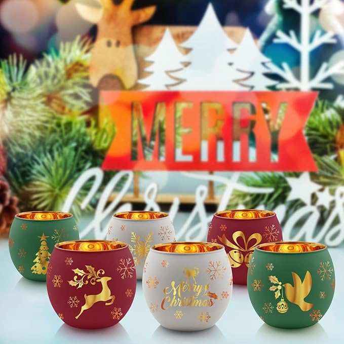 Christmas Votive Candle Holder Set of 6, Red Green White Glass Tealight Holder with 6 Laser Engraving Patterns for Winter Xmas Table Centerpiece Decor