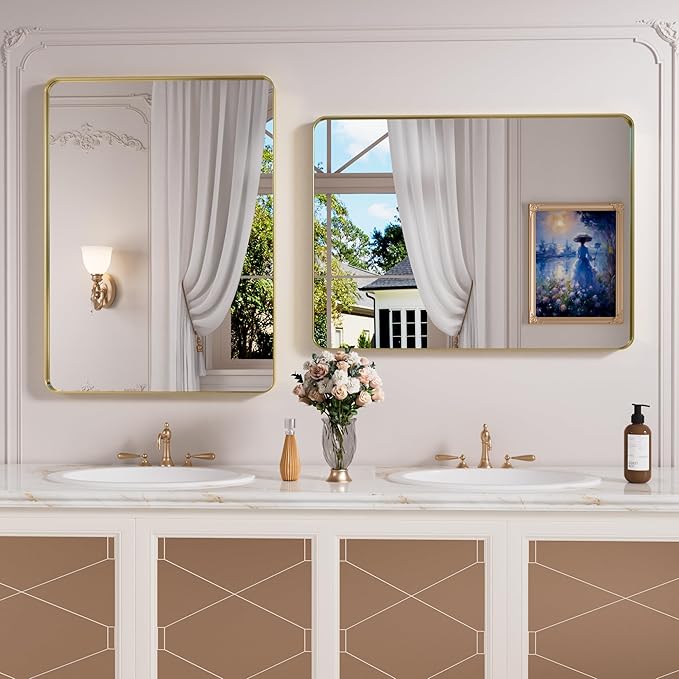 Gold Bathroom Mirror, 48x32 Inch Brushed Gold Metal Frame Mirror for Wall, Rounded Rectangle Bathroom Vanity Mirror, Tempered Glass, Anti-Rust, Horizontal/Vertical