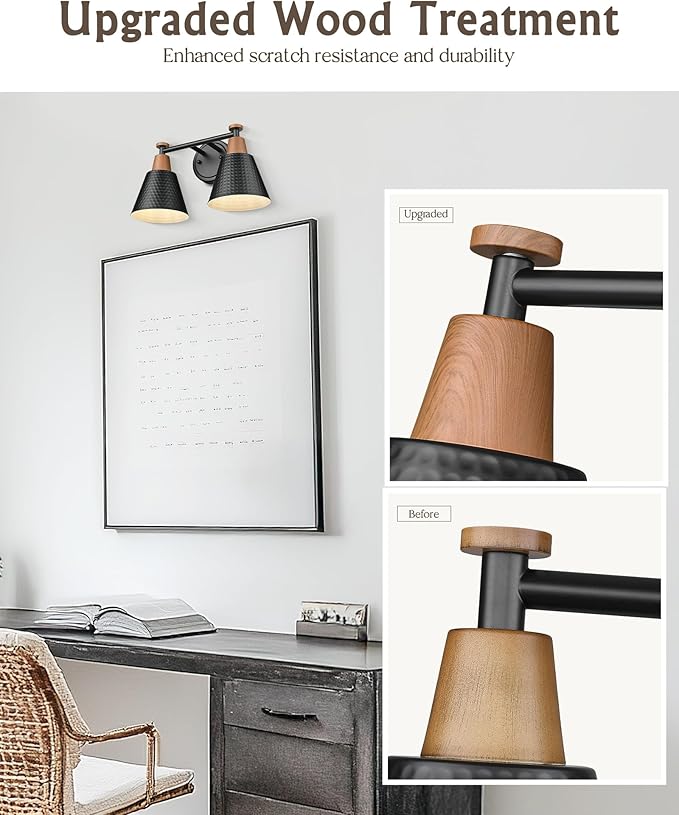 FEMILA Modern 2 Light Bathroom Vanity Lights, Industrial Bathroom Light Fixtures Over Mirror, Black Vanity Lighting Fixtures, Woodgrain Finish, 4FG59B-2W BK-NW