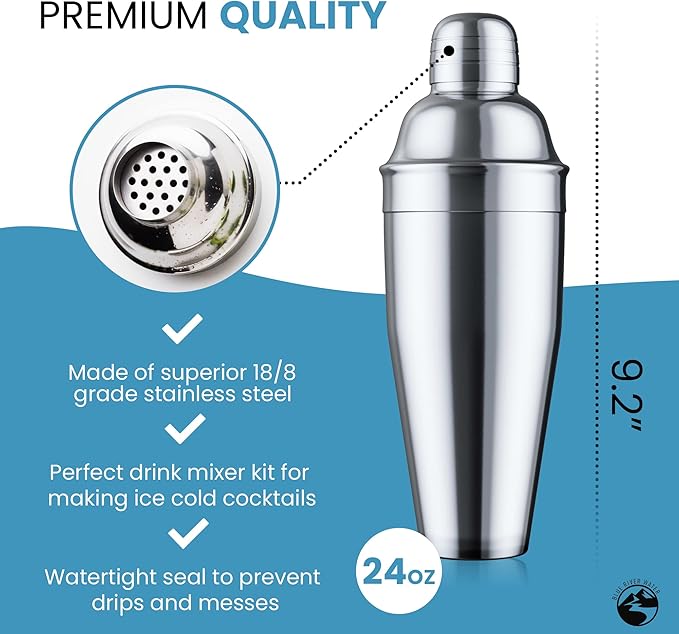 24oz Cocktail Shaker Set - Martini Shaker w Built-in Drink Shaker Strainer, Muddler, Jigger, Mixing Spoon, Recipe Book for Bartending - Bar Shaker/Alcohol Shaker