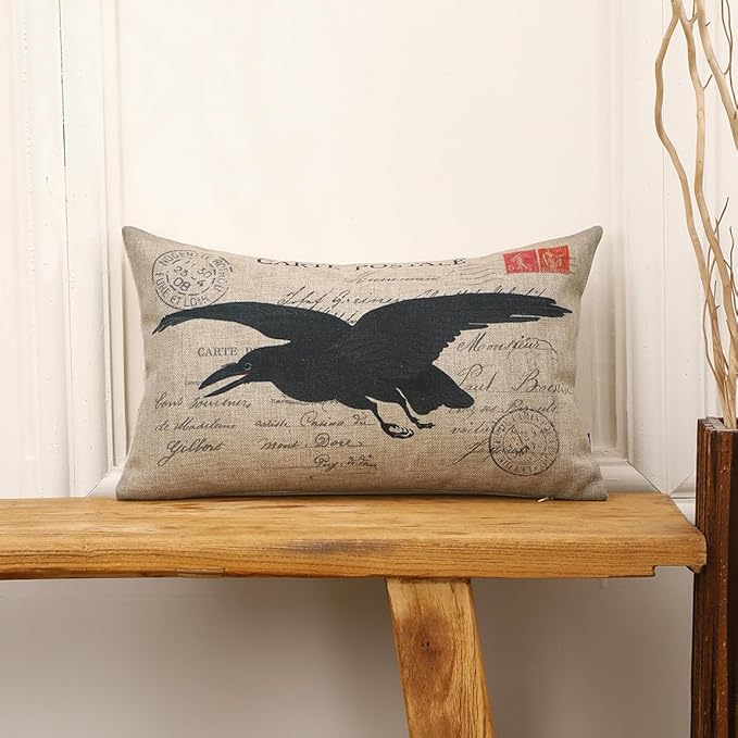 TRENDIN Crow 12x20 Pillow Cover for Couch Halloween Decor Lumbar Linen Cushion Case Sofa Home Fall Decorations Vintage PL1073TR