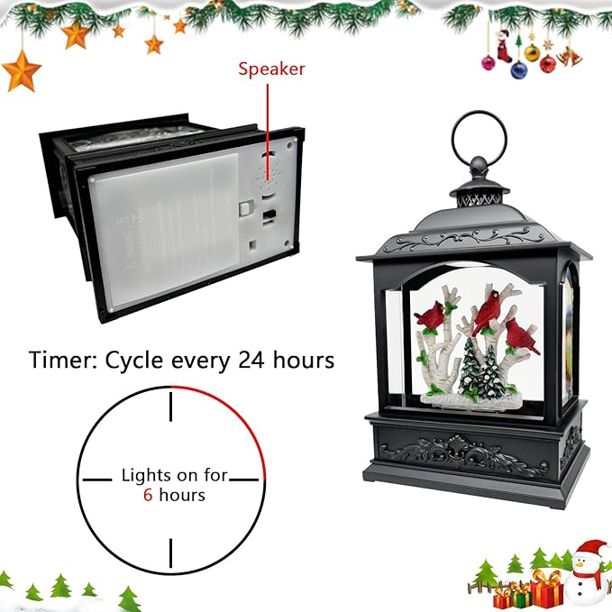 Christmas Snow Globes Lantern with Music & Timer - USB/Battery Operated LED Glittering Globe Lantern, Snow Globe Decoration for Home Holiday Decor (Red Robin)