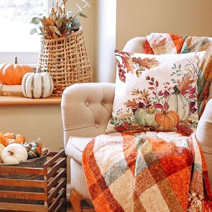 DFXSZ Fall Pillow Covers 16x16 inch Set of 2 Orange White Pumpkin Fallen Leaves Decorative Outdoor Throw Pillow Covers Autumn Thanksgiving Farmhouse Decoration for Home Couch TH27-A16