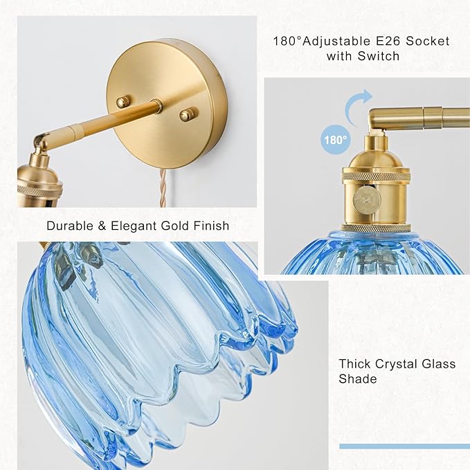 Plug in Wall Sconce, Vintage Sconce Light with Tulip Sky Blue Glass Lampshade, 180° Adjustable Wall Sconce with Switch and Plug in Wall Lamp Cord, Gold Wall Light for Bedroom Bedside