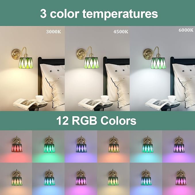 Vintage Battery Operated Wall Sconce Set of 2, 5000mAh Rechargeable Wall Lamp 12 RGB Colors Dimmable, Gold Lights Fixture for Bedroom Bathroom Living Room Hallway Green Checker
