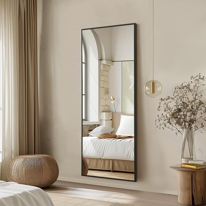 56"x18" Full Length Mirror, Free Standing Mirror Full Length Made of Tempered Glass, Black Floor Mirror for Bedroom Living Room Gym Dorm