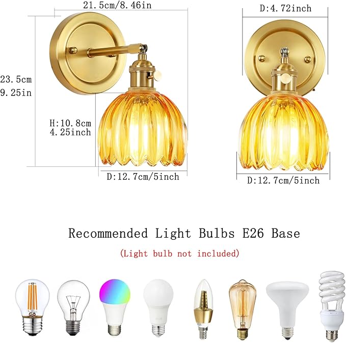 Vintage Wall Sconces Set of 2, 180 Degree Adjustable Brass Vanity Lights Fixture with Amber Tulip Glass Lampshade, Hradwired Modern Wall Lighting for Bedside Bedroom Bathroom