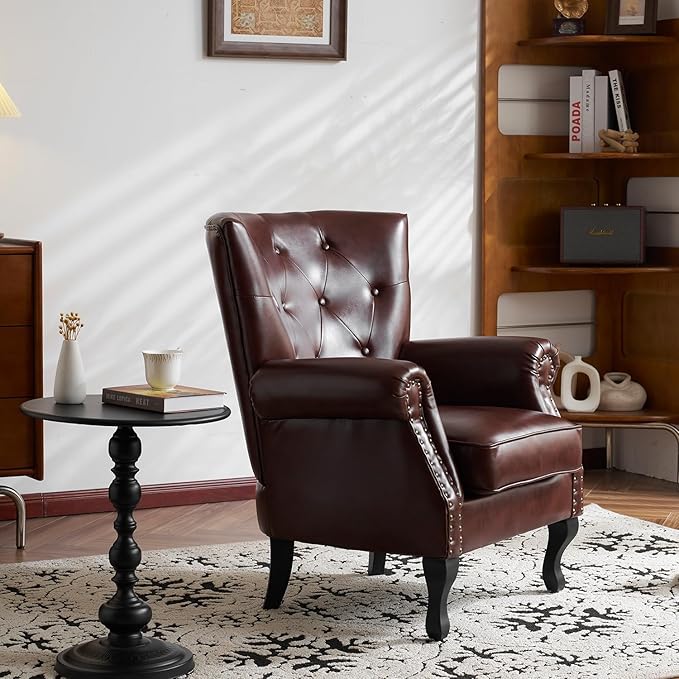 Modern Faux Leather Accent Chair, Upholstered Mid-Century Armchair with Solid Wood Legs, Single Sofa Chair for Living Room, Bedroom, or Reading Room(Reddish Brown)