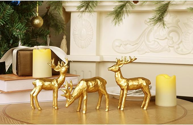 Lulu Home 3 PCS Christmas Tabletop Decorations, Resin Golden Reindeer Family Figurines with Diverse Postures, Xmas Holiday Winter Centerpieces Ornaments for Mantel Shelf Sill Home Office Decor