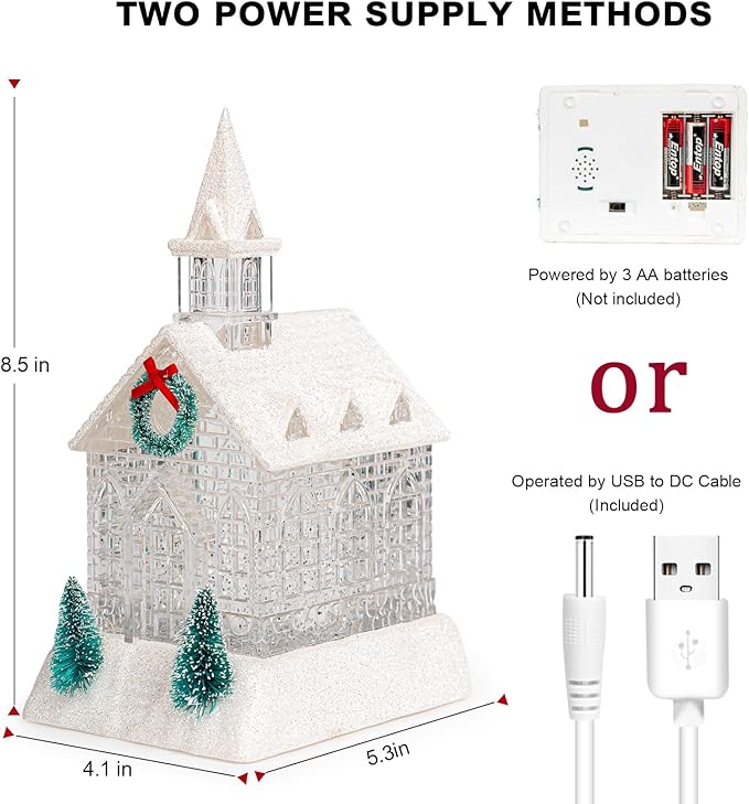 Christmas Lighted Church Water Lantern Snow Globe with Evergreens and Wreath, USB Lined/Battery Operated Lighted Lantern for Christmas Festival Decoration Gifts