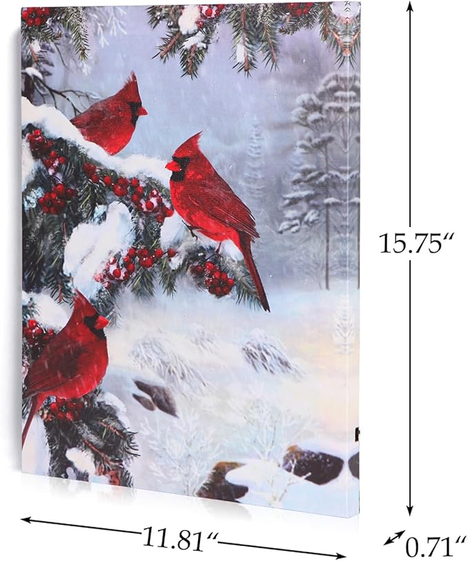NIKKY HOME 12" x 16" LED Lighted Canvas Wall Art Prints Light Up Cardinal and Berries Artwork Winter Scene Picture for Holiday Decor