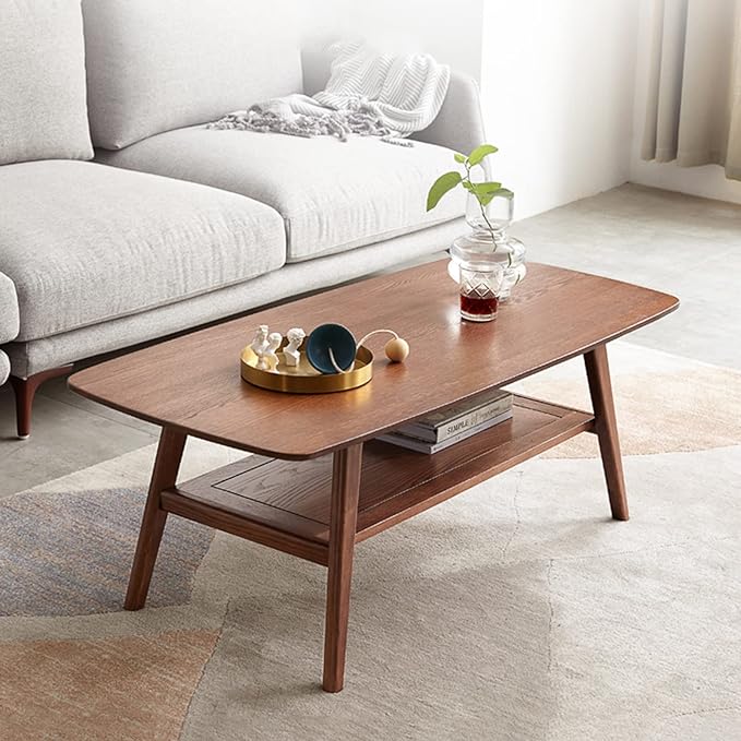 100% Solid Oak Wood Coffee Table for Living Room, 2-Tier Living Room Table with Storage Shelf, Mid Century Modern Coffee Tables (Walnut Colour, 39.37" W x22.05 D x 17.32" H)