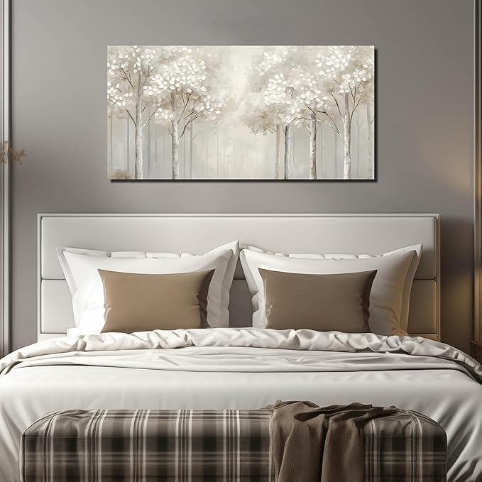 ANCXWOTER Large Forest Wall Art for Living Room White Misty Birch Tree Picture for Bedroom Office Modern Landscapes Canvas Prints Ready to Hang 24x48 Inch