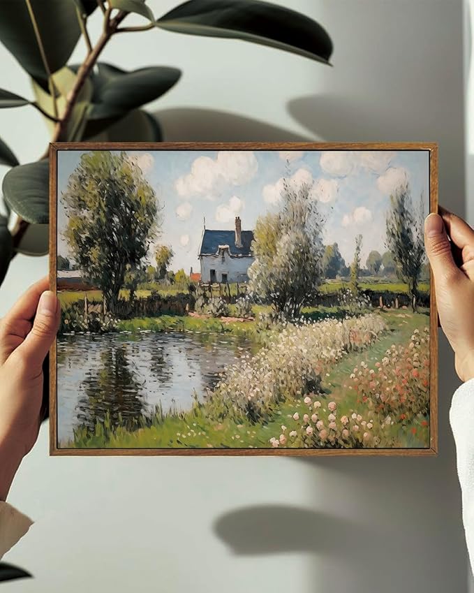 KISSFOX Vintage Landscape Framed Wall Art Impressionist Countryside River House Canvas Art Natural Cottagecore Paintings Artwork Rustic Art Prints For Bedroom Bathroom Living Room